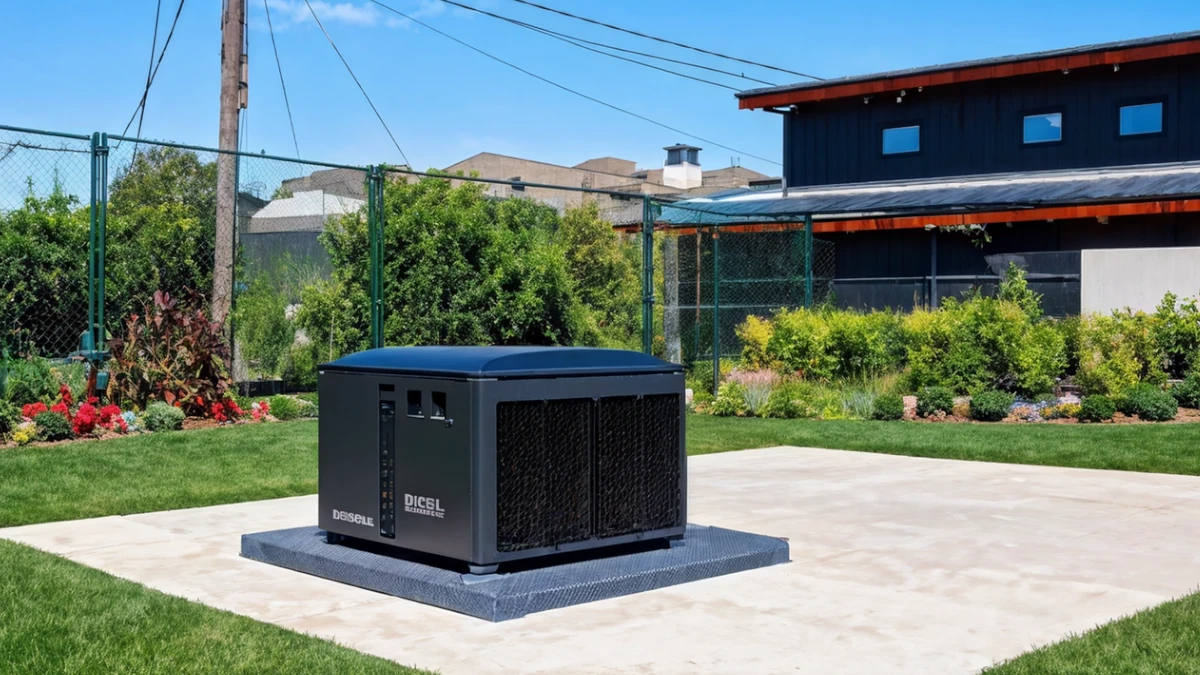 Diesel-powered backup generator in the garden