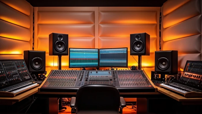 Professional studio setup with studio monitors on a mixing desk