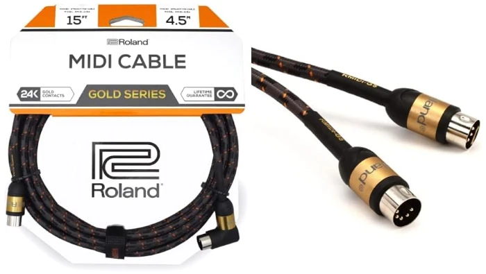 Roland Black Instrument Cable, Angled/Straight 1/4-Inch Jack, MIDI, Gold Series, 5 feet (RMIDI-G5A)