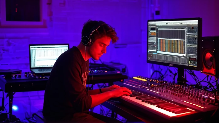 musician playing midi keyboard at home studio