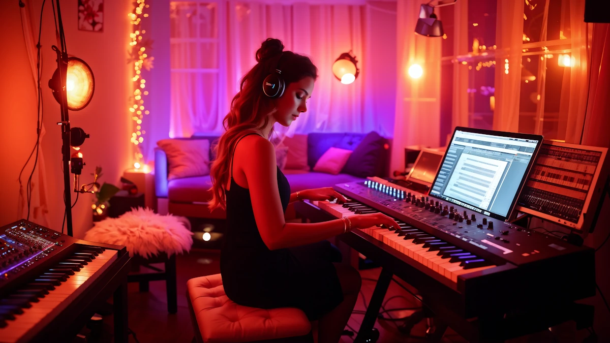 woman musician playing music MIDI keyboard