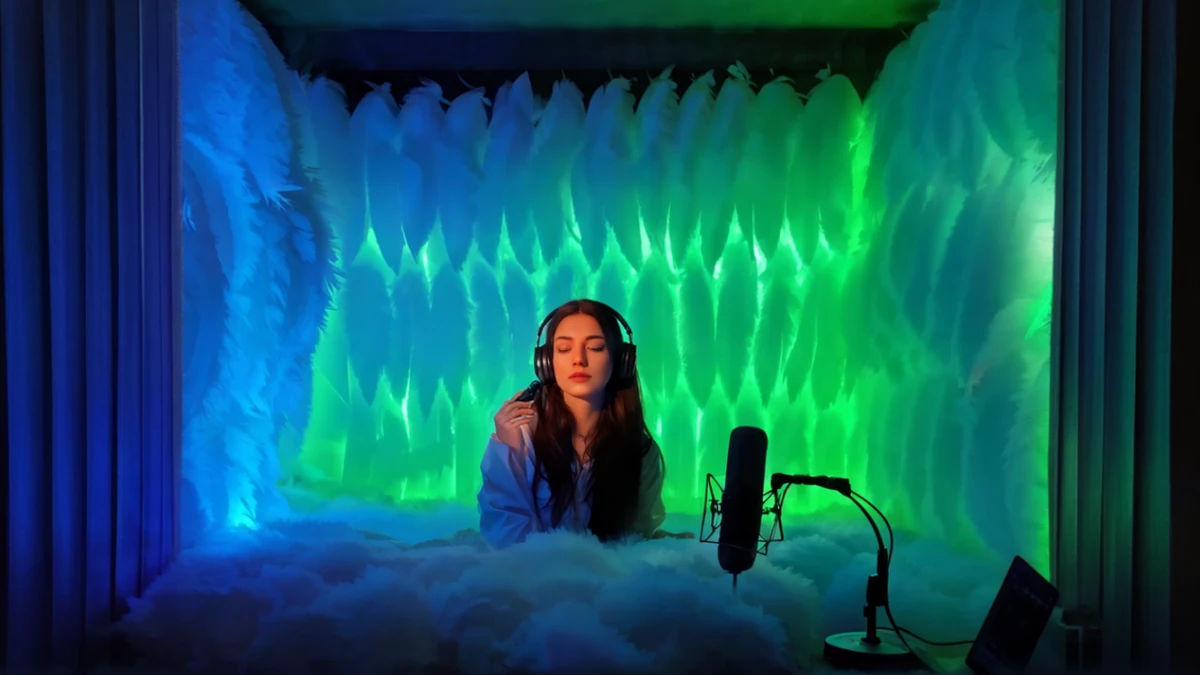 woman on a ASMR home studio setup