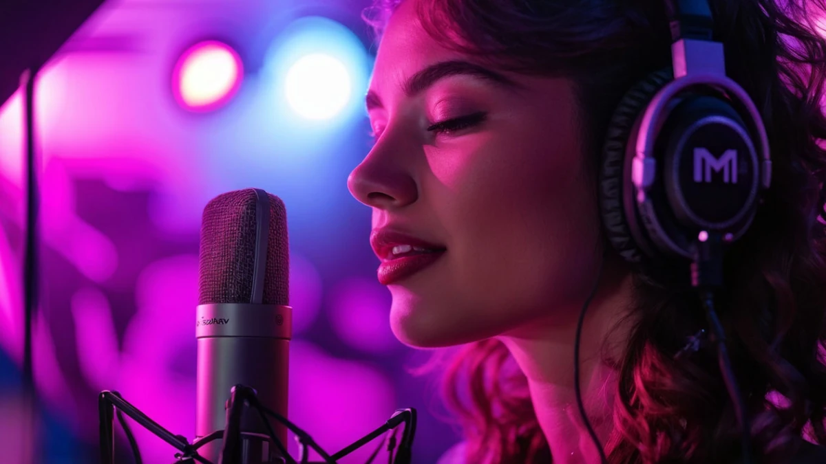 woman singing at a budget microphone