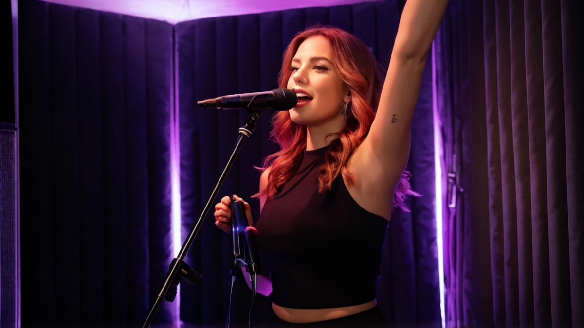 woman singing into a vocal booth