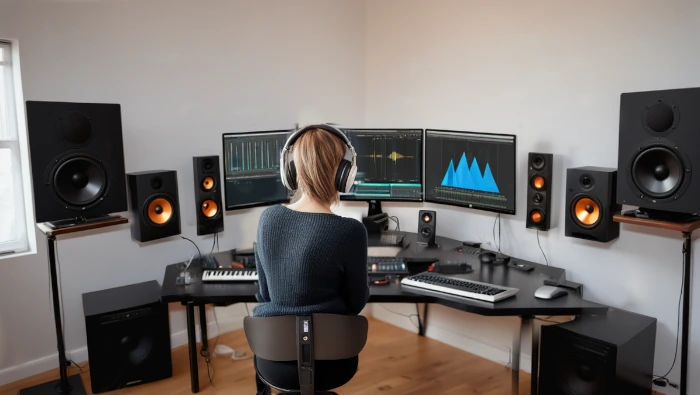 woman sitting at home recording studio