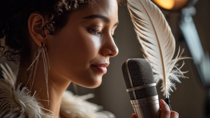 woman with a microphone and a goose feather ASMR