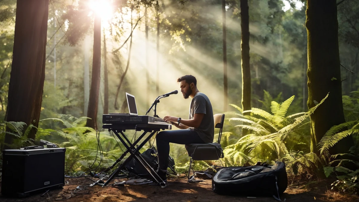 musician playing music keyboard inside a jungle