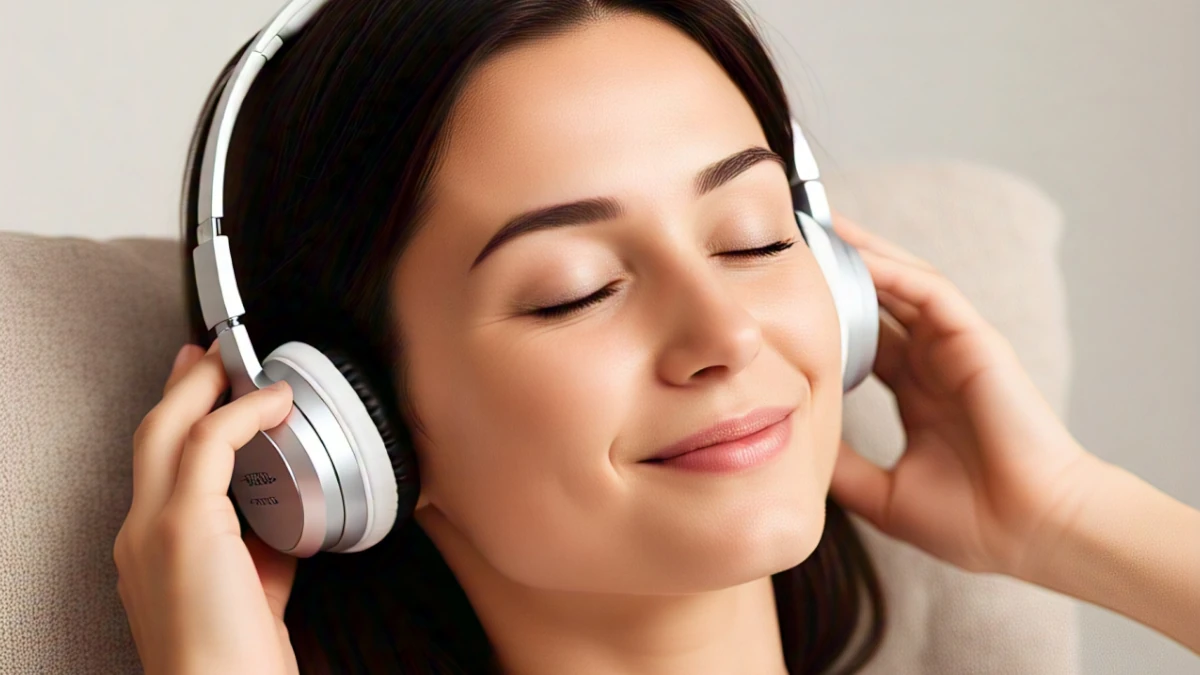 woman listening to a headphone