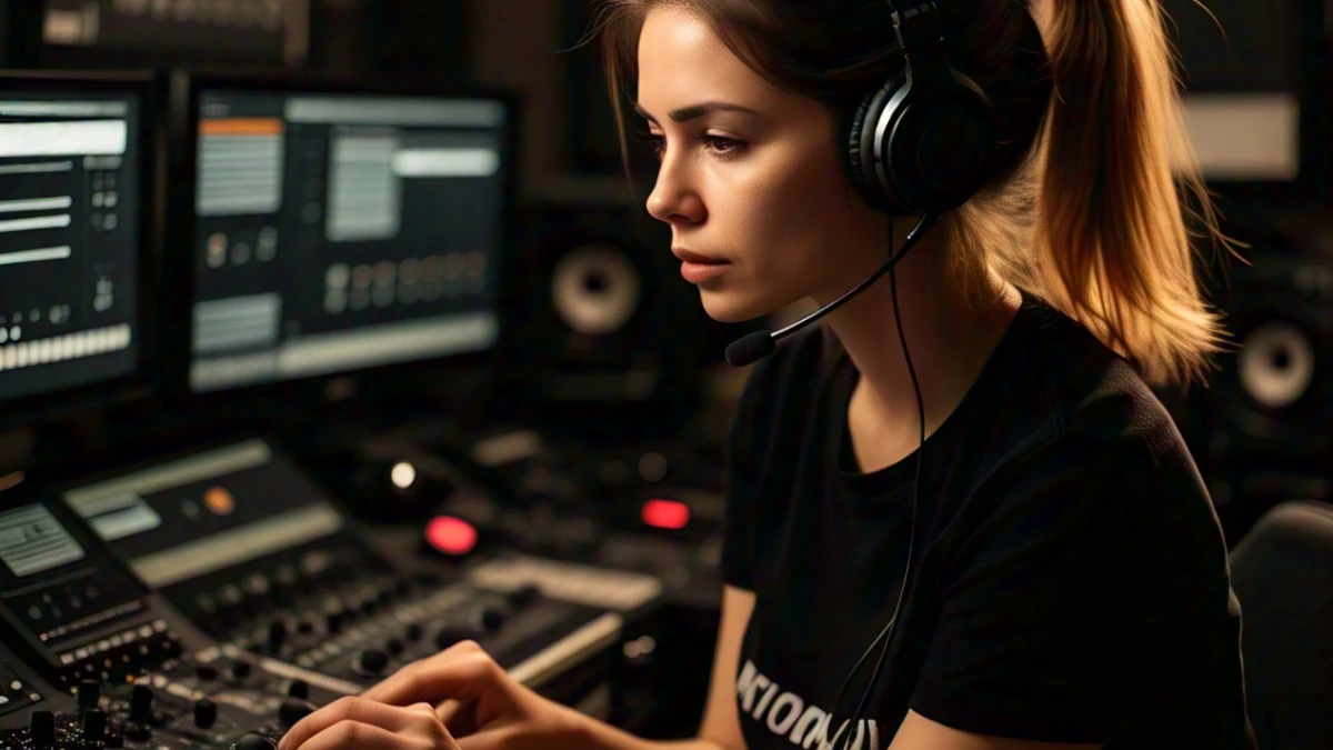 woman mastering audio at home studio