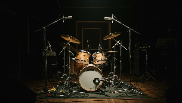 drum with microphones for studio recording 35mm film