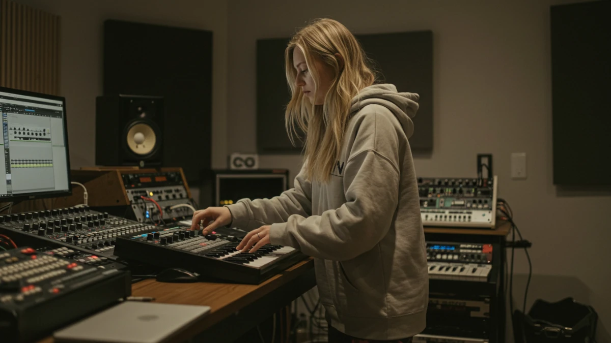 modern woman using Sample Libraries in a home recording studio 35mm film