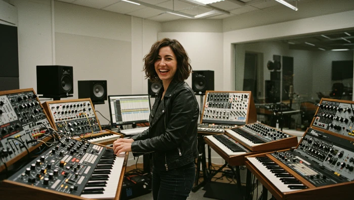 woman musician smiling while recoding synthesizers