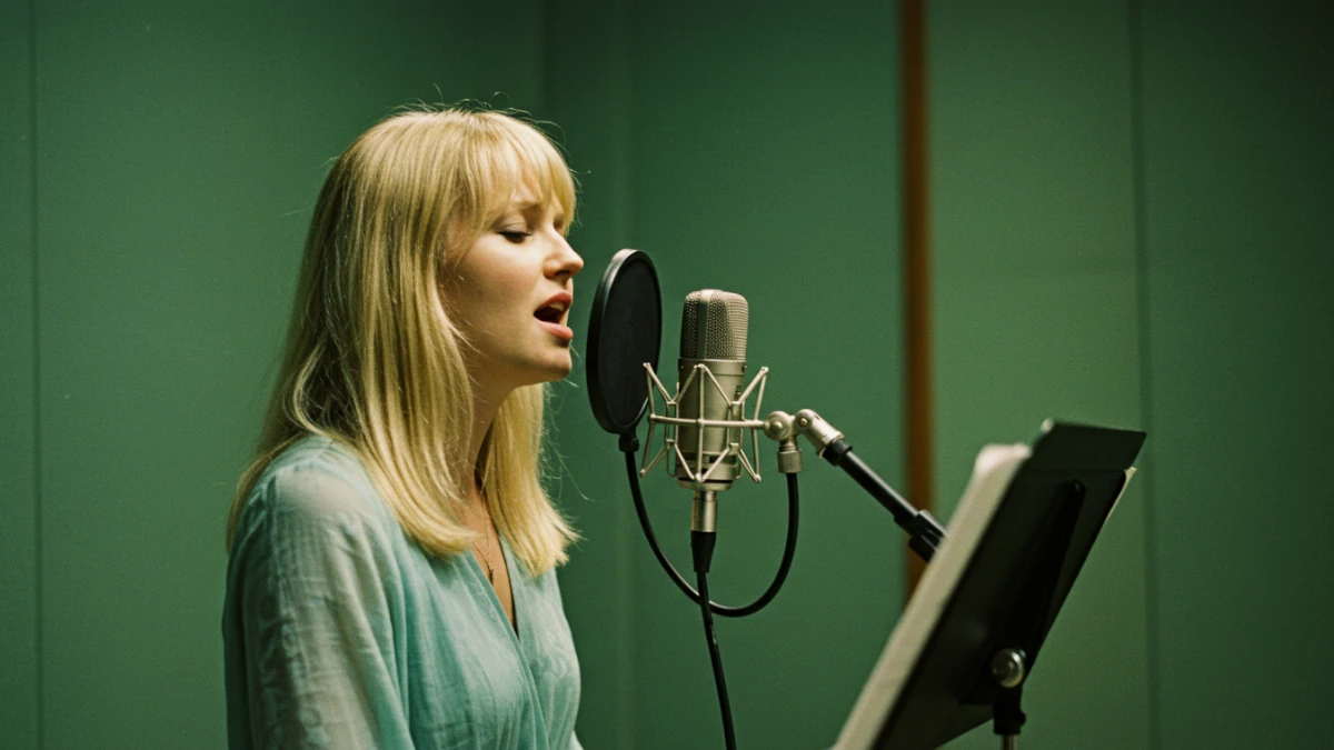 woman singing in front of a studio microphone