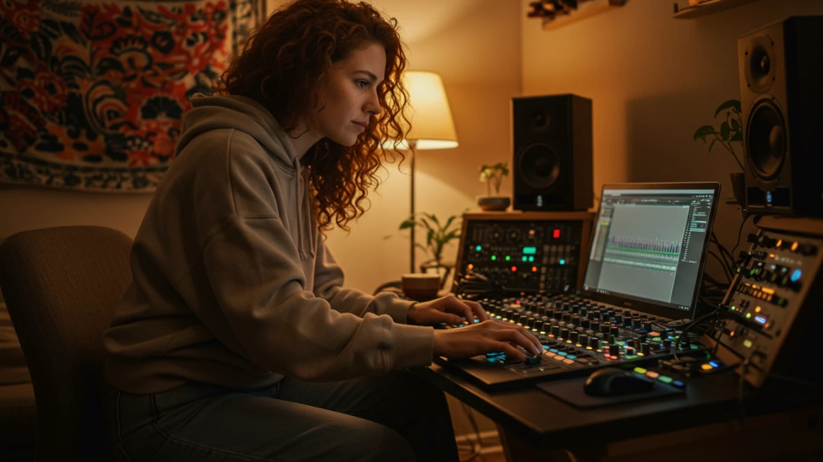 woman using AI Mixing Tools for Home Studios 35mm film