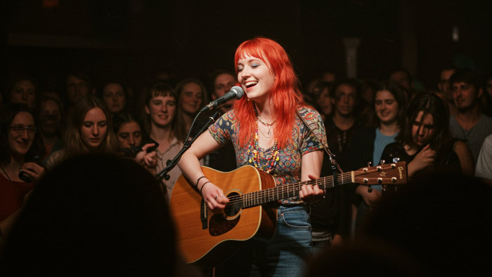 young singer girl playing acoustic guitar for a live audience - 35mm film